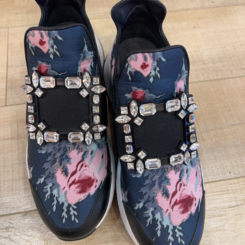 Roger Vivier Black and Pink Floral Crystal Sneakers